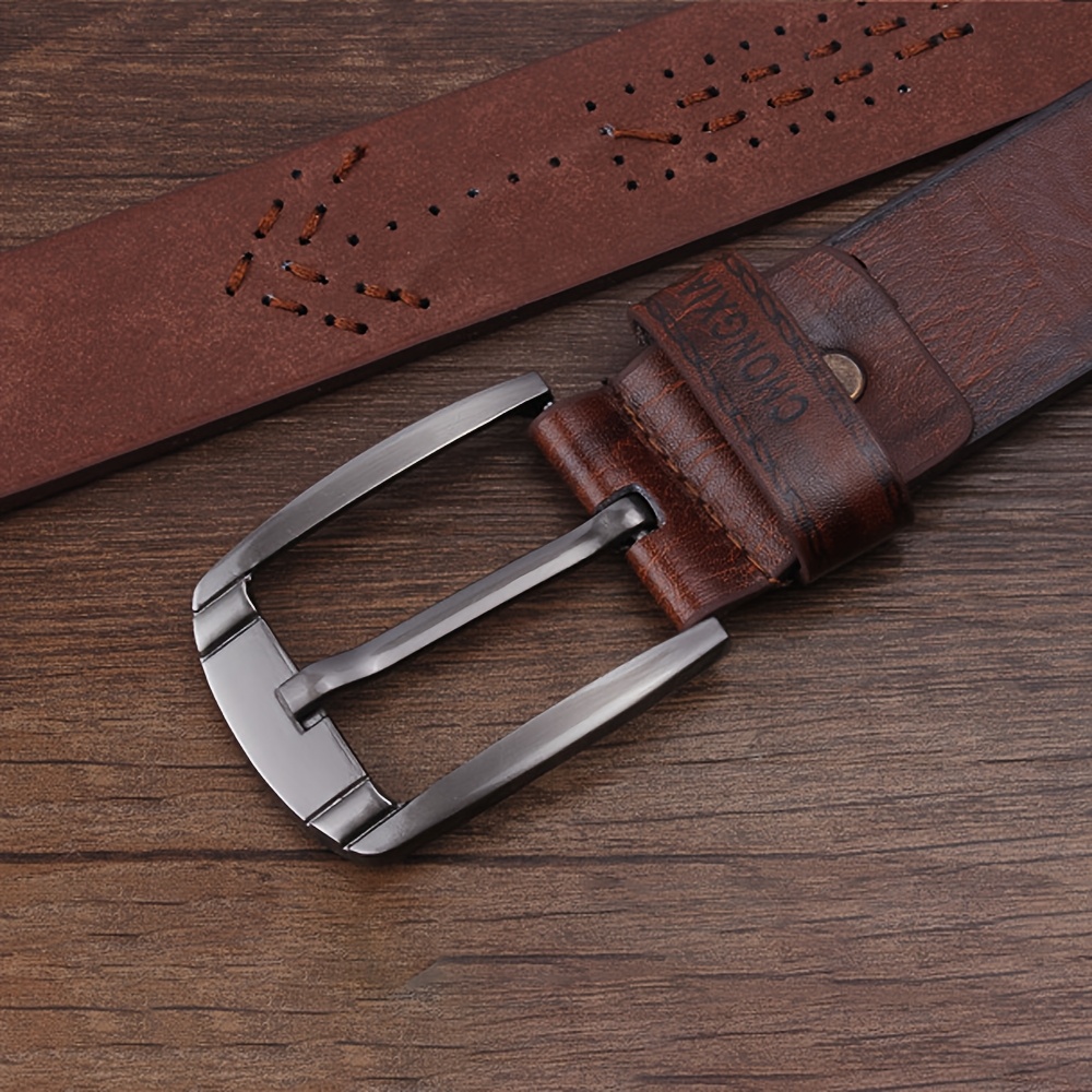 Men's Vintage Brown Faux Leather Belt with Metallic Buckle